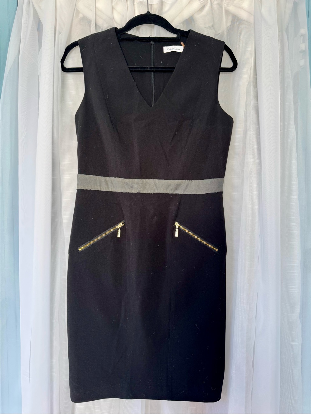 Calvin Klein Black Midi Sheath Dress With Gray Waistband And Gold Zippers